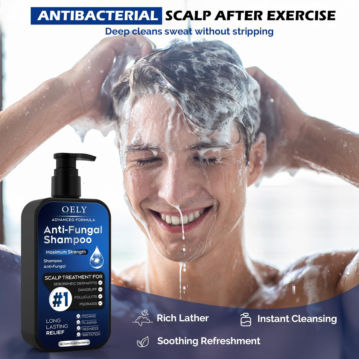 oely Antifungal Shampoo 345g being applied to hair