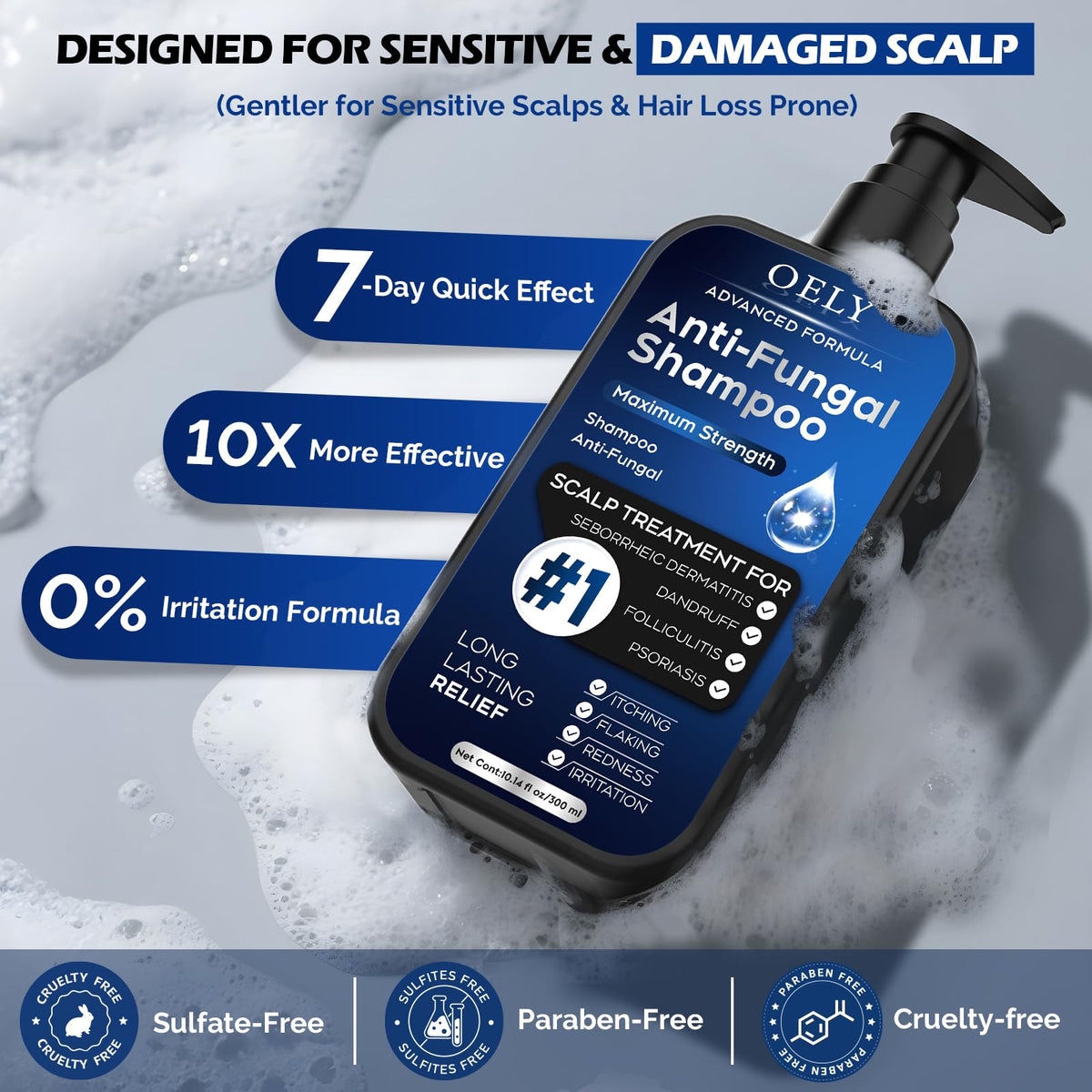oely Antifungal Shampoo 345g in a bathroom setting