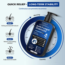 oely Antifungal Shampoo 345g on a bathroom shelf