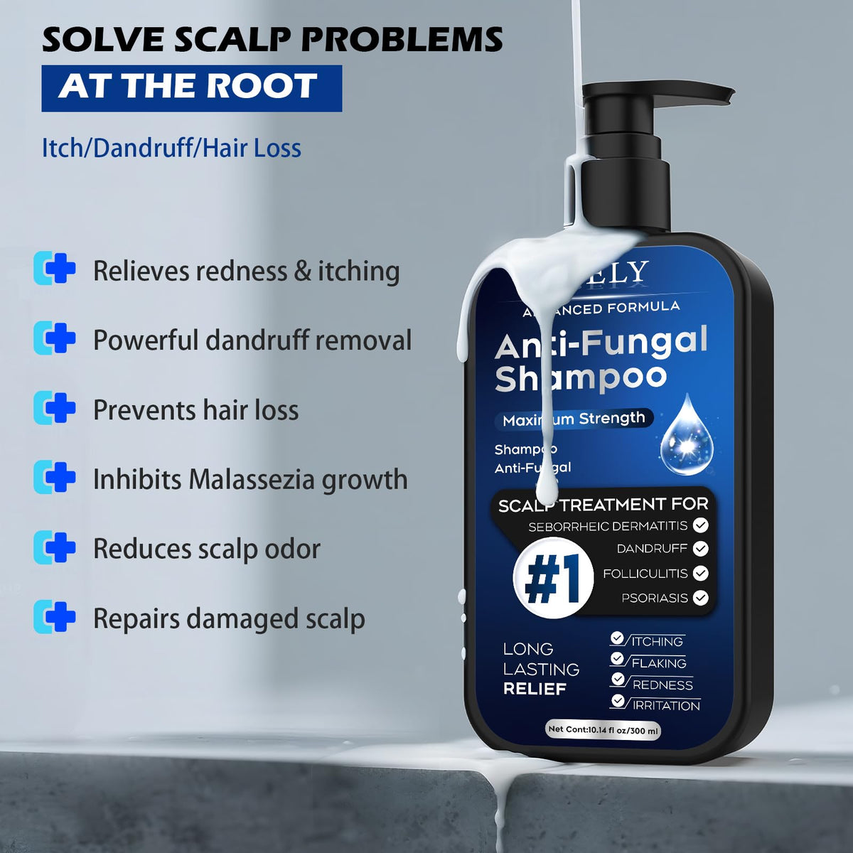 oely Antifungal Shampoo 345g side view showing cap
