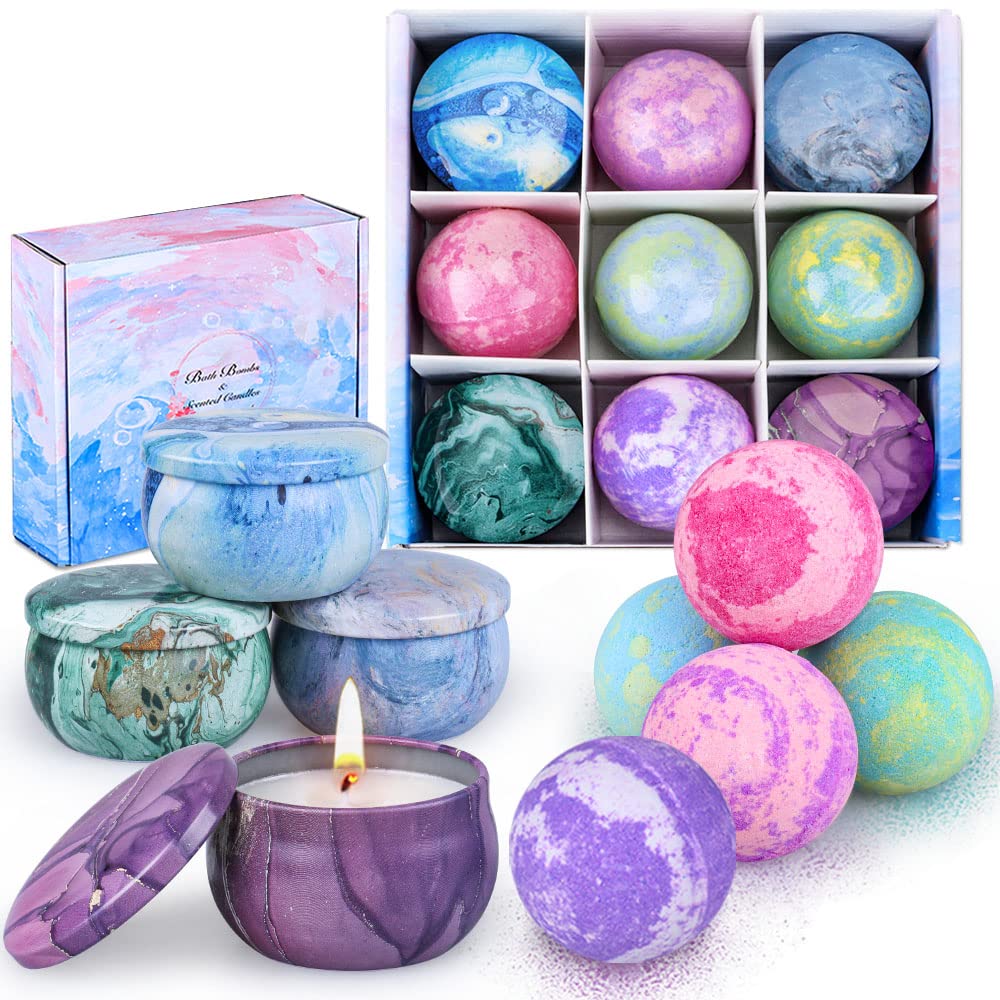 OFUN Bath Bombs Gift Set with 5 large fizzy bombs and 4 scented candles