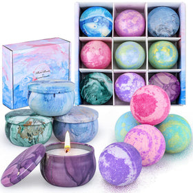 OFUN Bath Bombs Gift Set with 5 large fizzy bombs and 4 scented candles