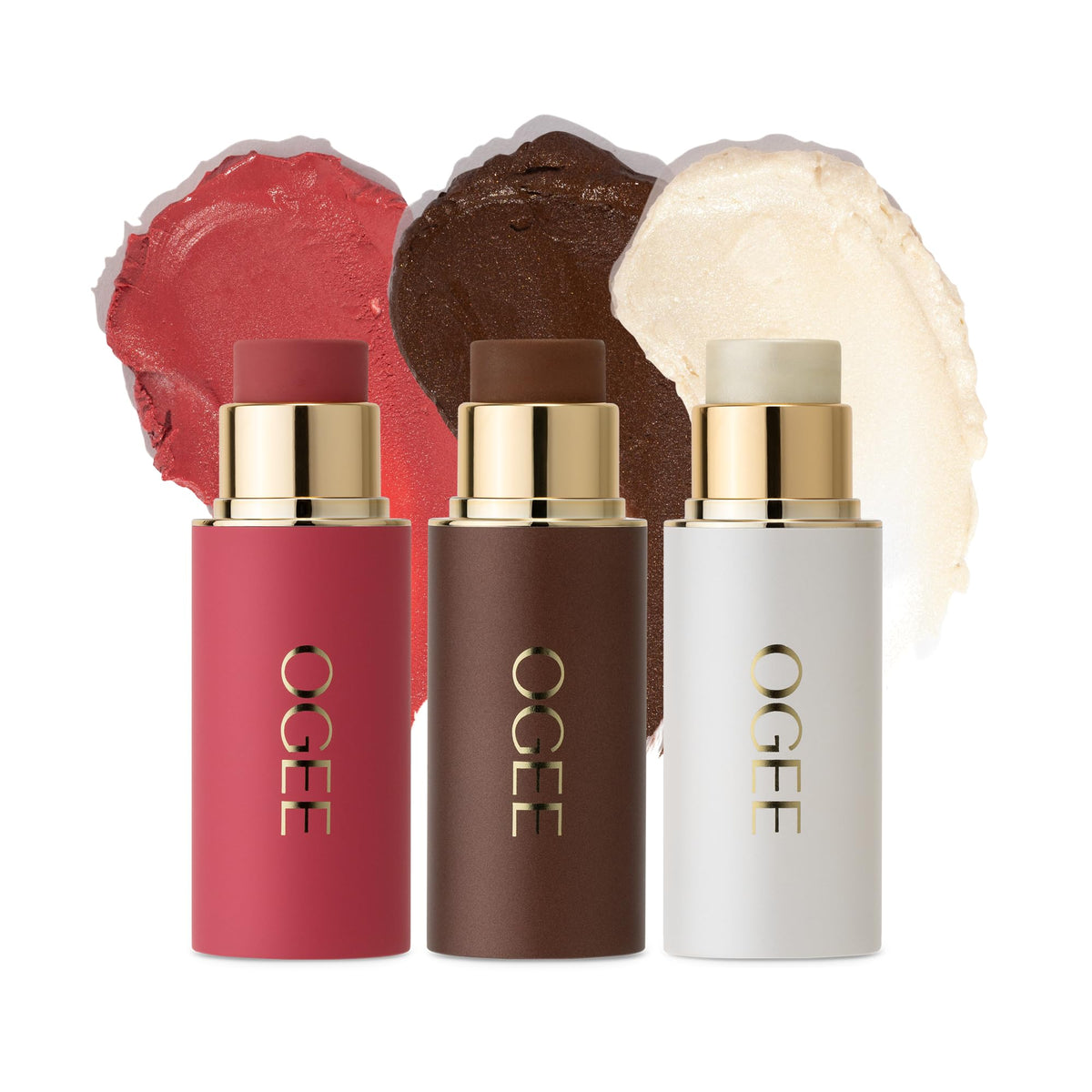 Ogee Face Stick Crystal Collection Trio front view with bronzer, blush, and highlighter
