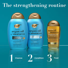 OGX Argan Oil Conditioner in a bathroom setting