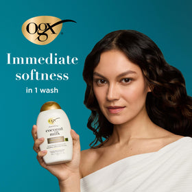 OGX Coconut Milk Shampoo and Conditioner on bathroom shelf
