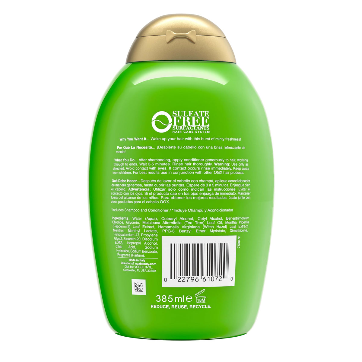 OGX Extra Strength Refreshing Scalp + Teatree Mint Conditioner packaging detail