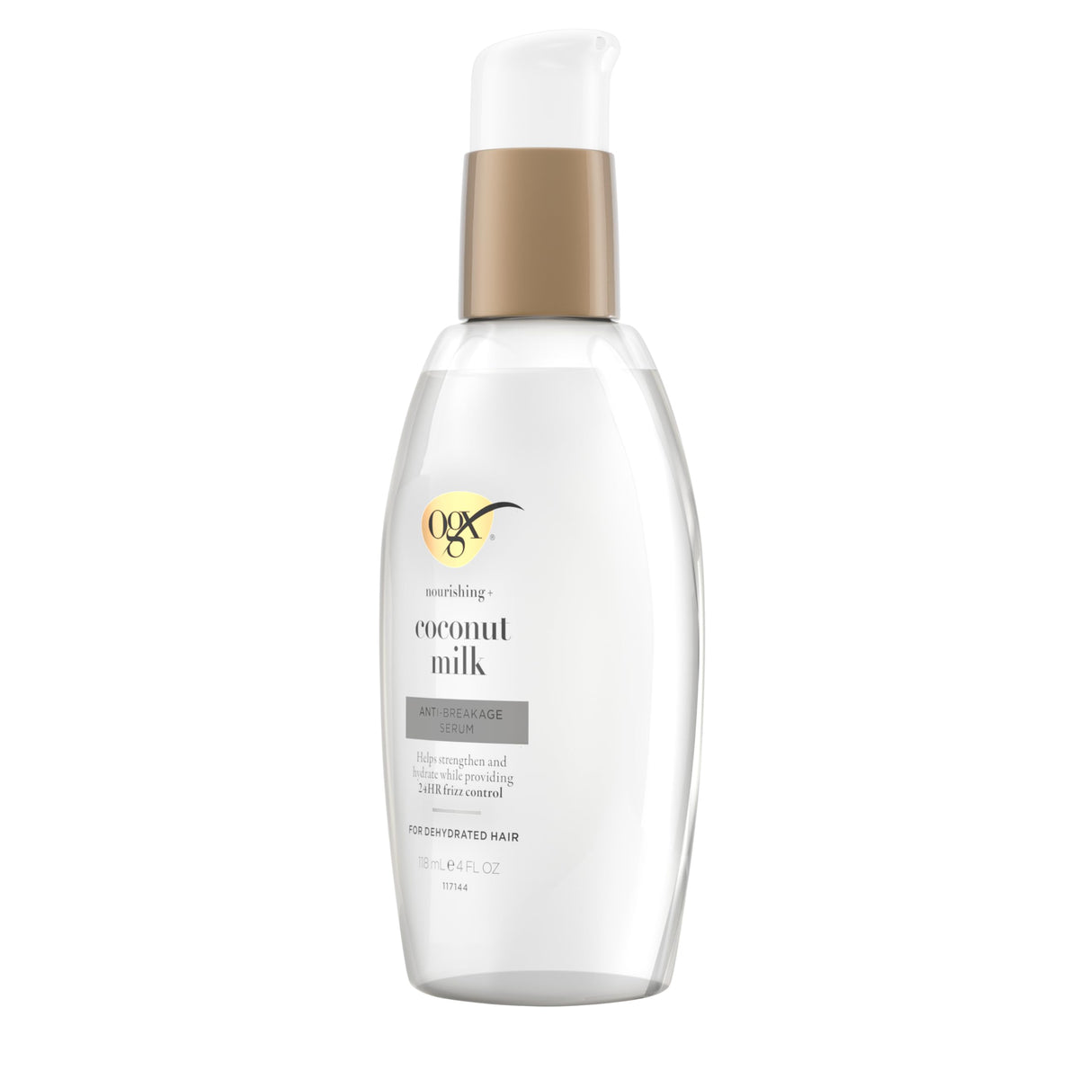 OGX Nourishing Coconut Milk Hair Serum on a bathroom shelf