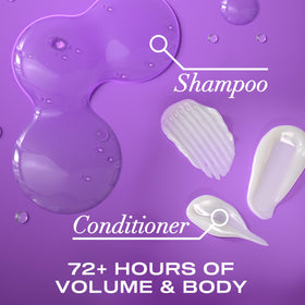 OGX Thick and Full Shampoo and Conditioner set on a bathroom shelf