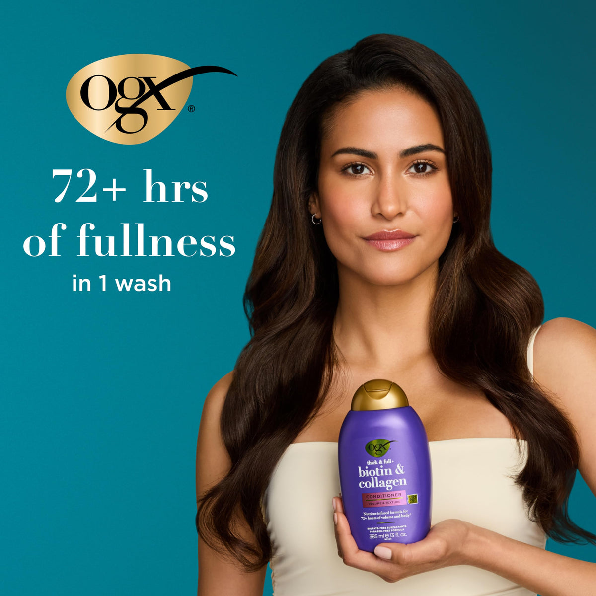 OGX Thick & Full Biotin & Collagen Shampoo and Conditioner in bathroom setting