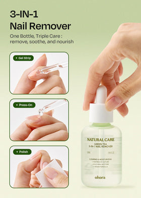 ohora Green Tea Nail Remover with green tea leaves background