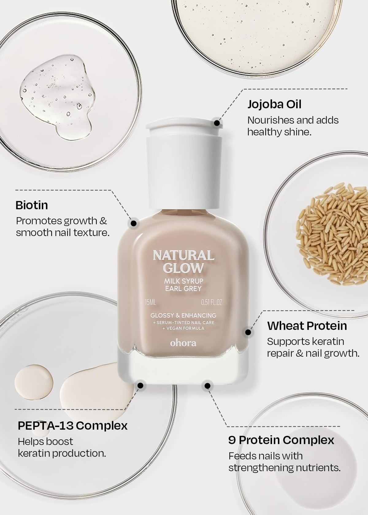 ohora Nail Strengthener Earl Grey 15 mL on a nail care table