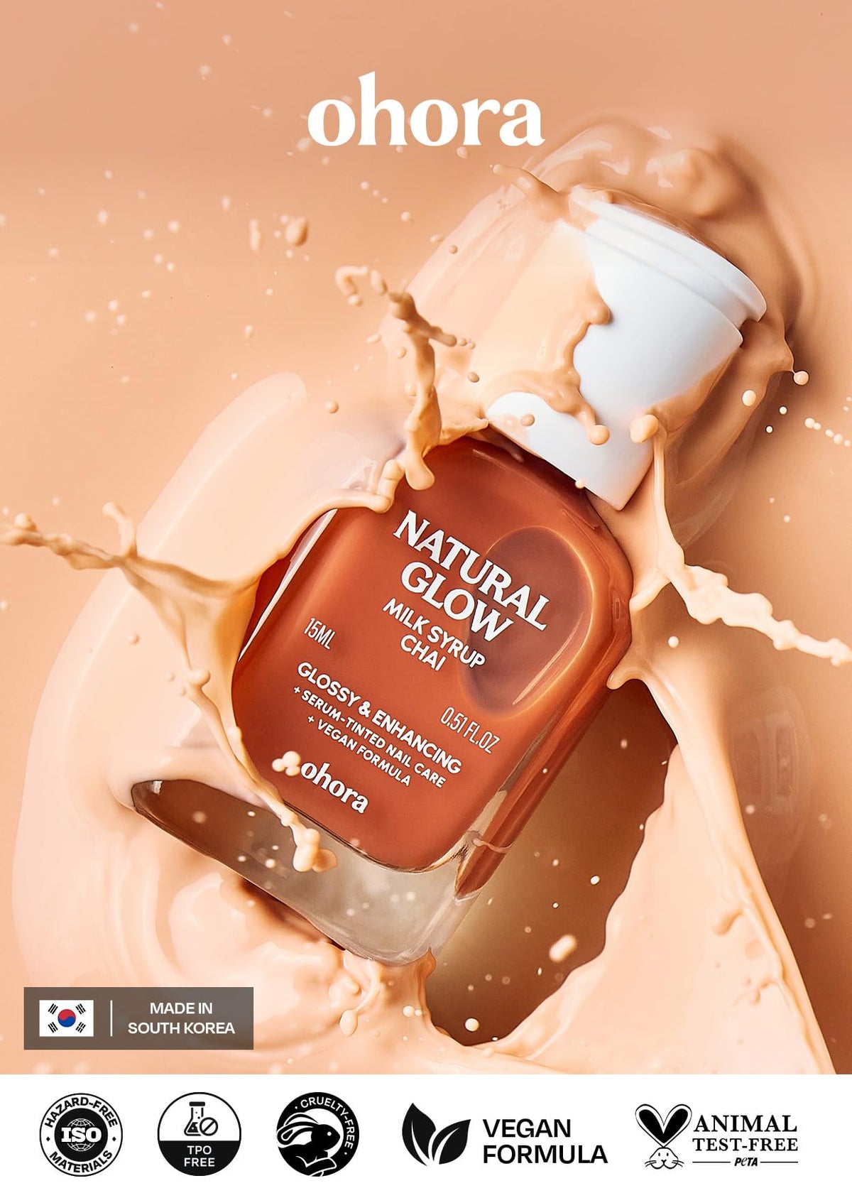 ohora Natural Glow Milk Syrup Nail Strengthener Chai 15 mL on a nail care table