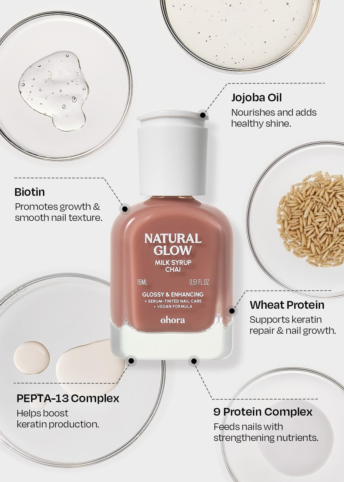ohora Natural Glow Milk Syrup Nail Strengthener Chai 15 mL with nails painted