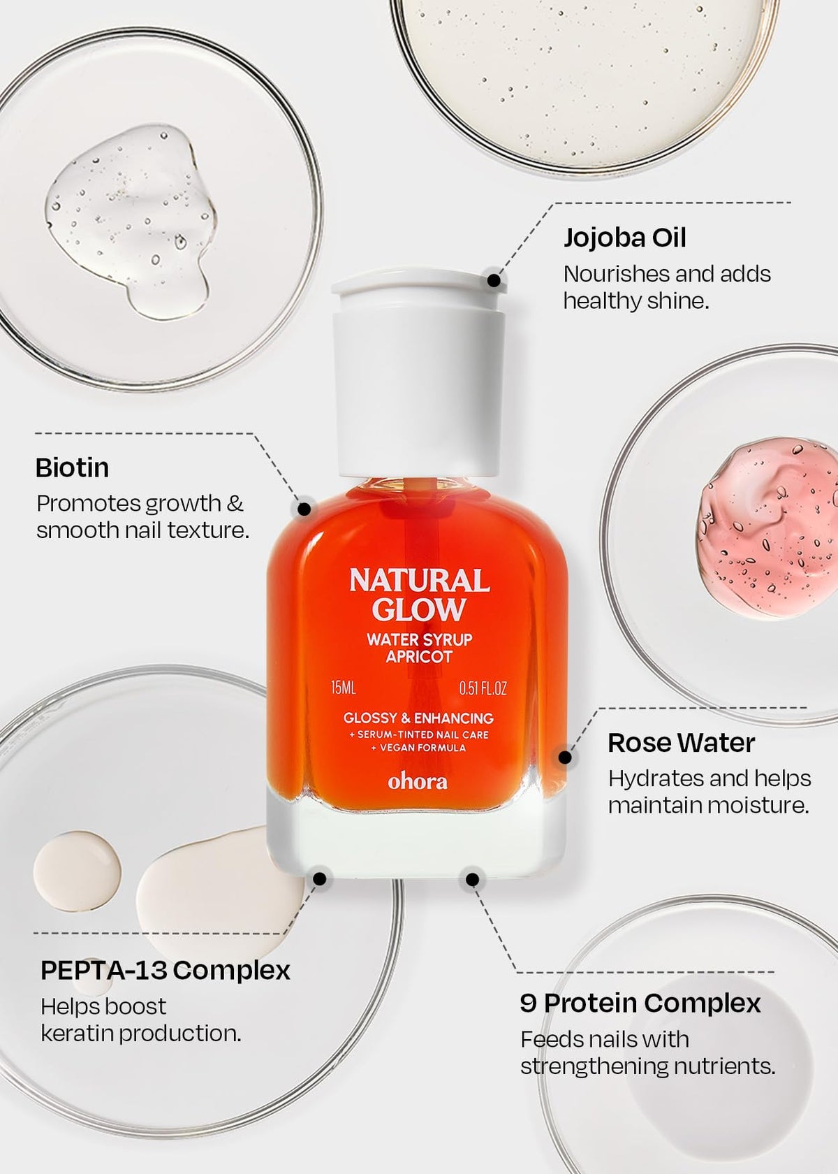 ohora Natural Glow Water Syrup Nail Strengthener 15 mL Apricot on a vanity