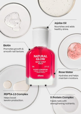 ohora Natural Glow Water Syrup Nail Strengthener in Peach with nail care tools