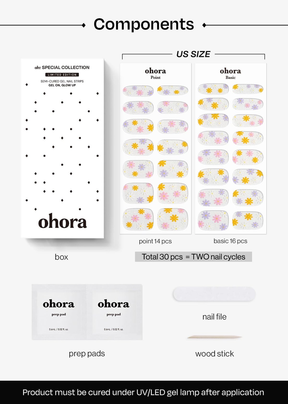 ohora Semi Gel Nail Strips N Daisy Disco prep pads and wooden stick