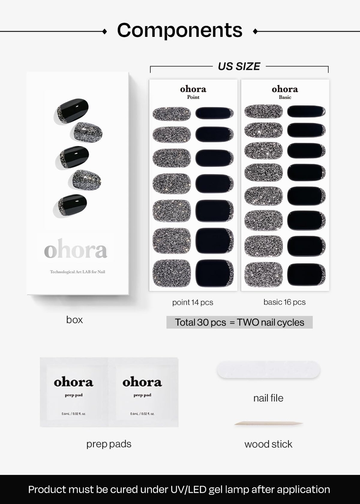 ohora Semi Gel Nail Strips N Party Night nail file and wooden stick