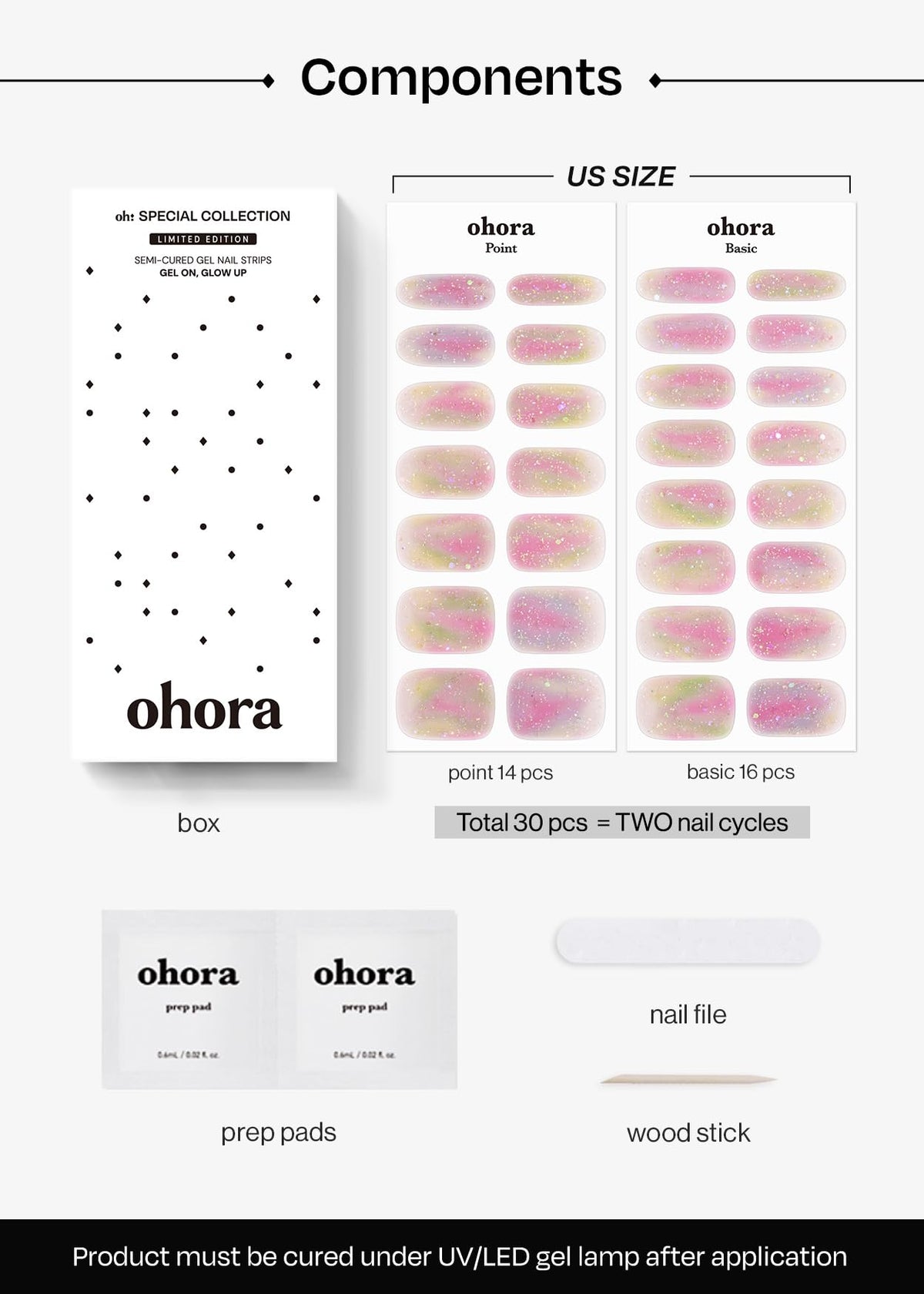 ohora Semi Gel Nail Strips with prep pads and accessories