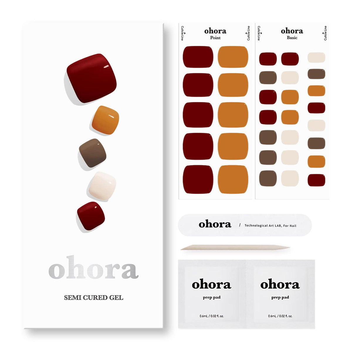ohora Semi- Gel Pedi Strips 34pcs front view with solid and accent wraps