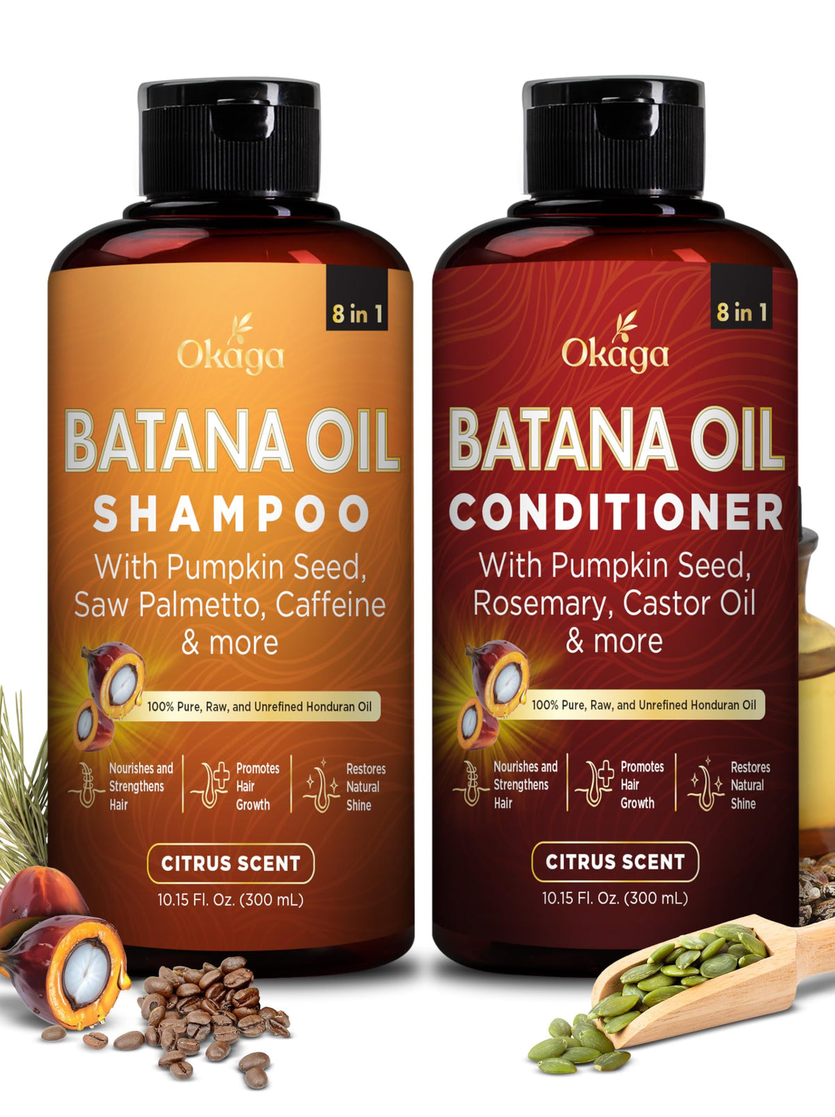 Okaga Batana Oil Shampoo front view, 10.15 oz bottle