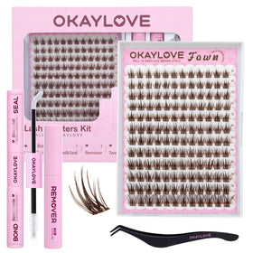 OKAYLOVE Brown Lash Clusters Kit packaging with 144 pieces