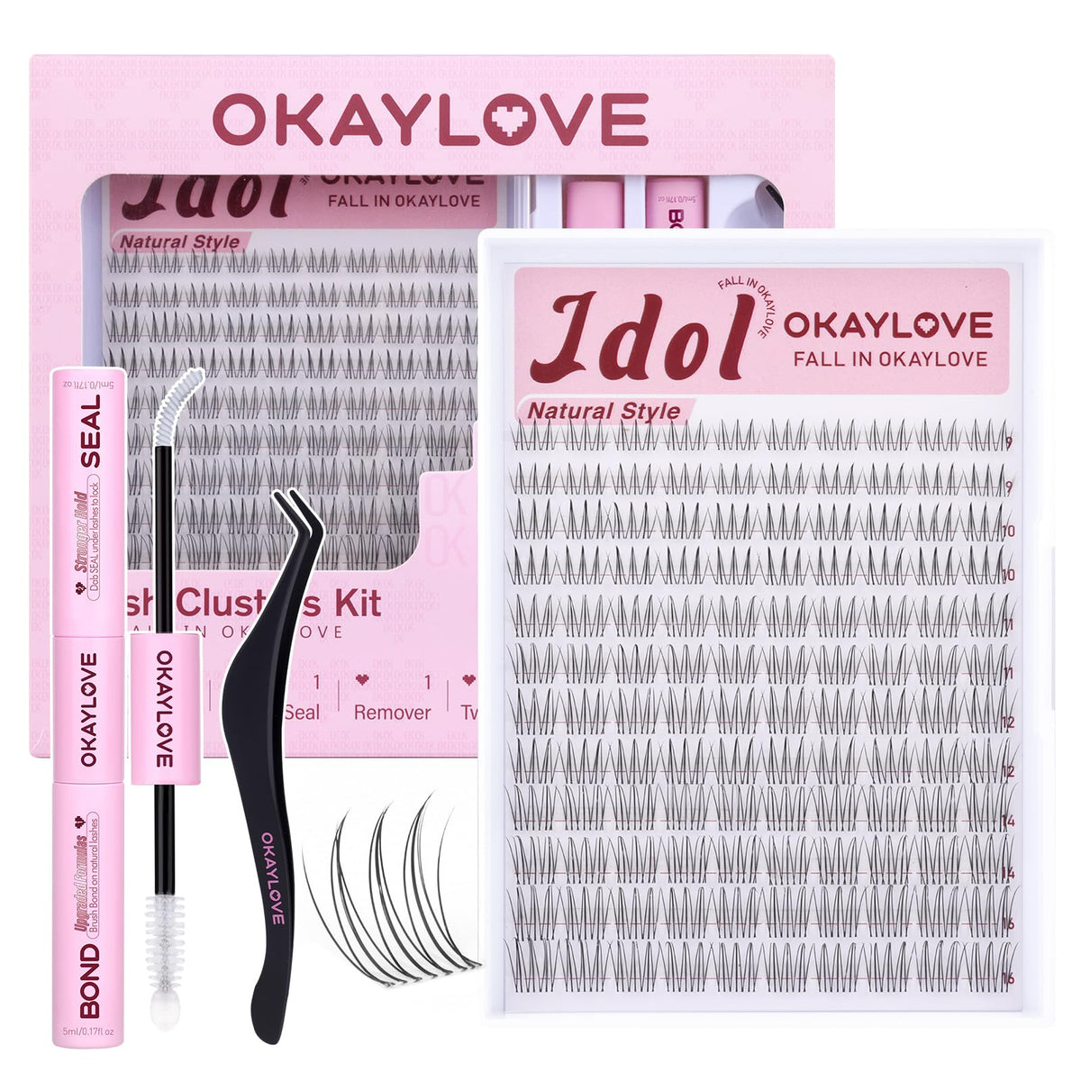 OKAYLOVE Idol Natural Lash Clusters Kit front view with packaging