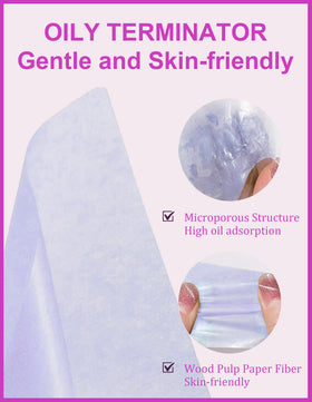 Okerker lavender oil blotting papers on a vanity with makeup