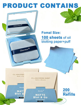 Okerker oil blotting papers with puff and mirror included