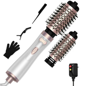 OKWRAP 3-in-1 Rotating Hair Dryer Brush front view with two detachable brushes