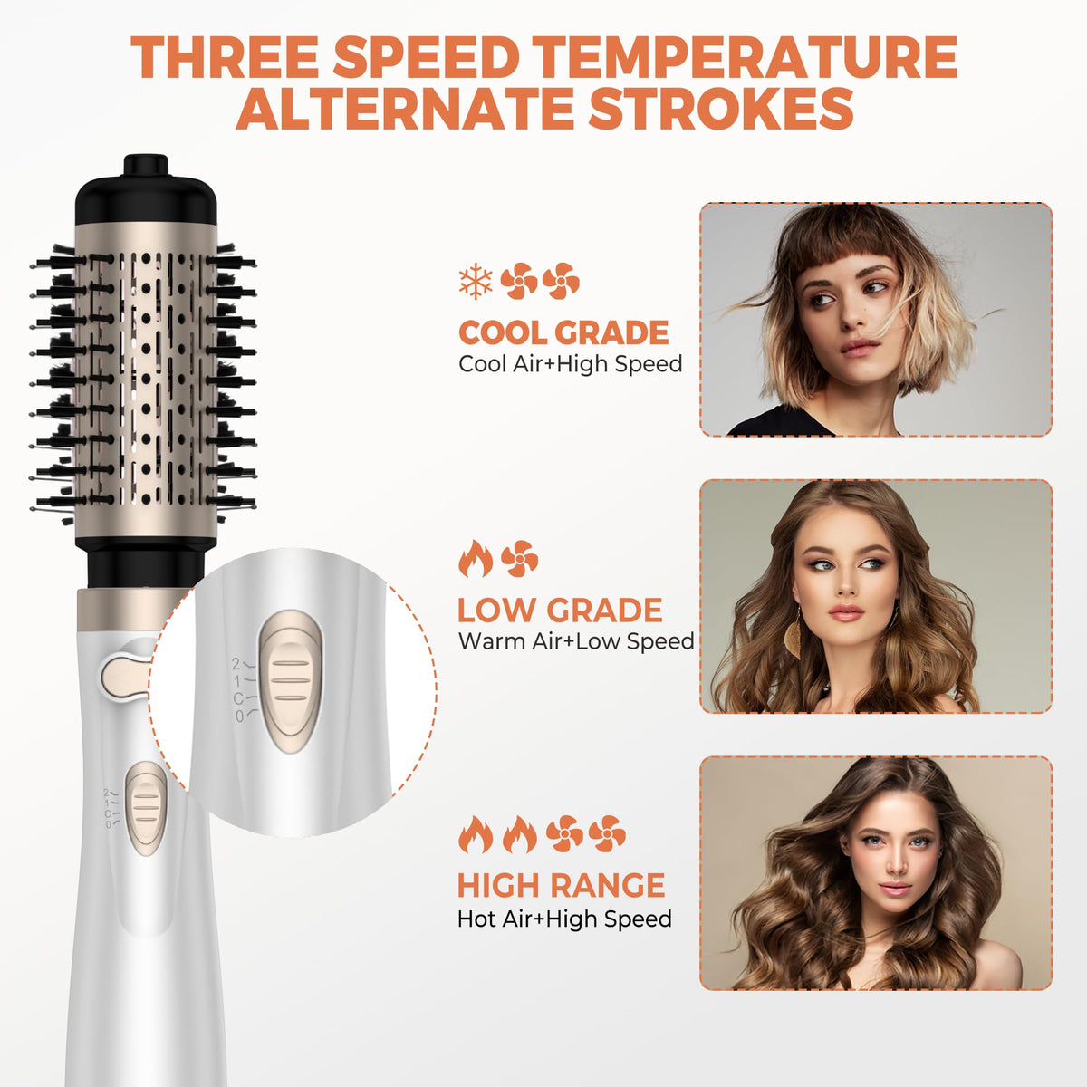 OKWRAP hair dryer brush displaying three heat and speed settings