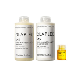 Olaplex Wash & Shine Hair Kit front view with shampoo, conditioner, and bonding oil