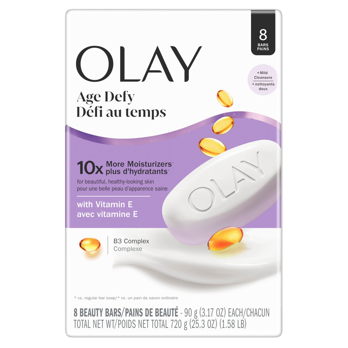 Olay Age Defying Beauty Bar front view with packaging