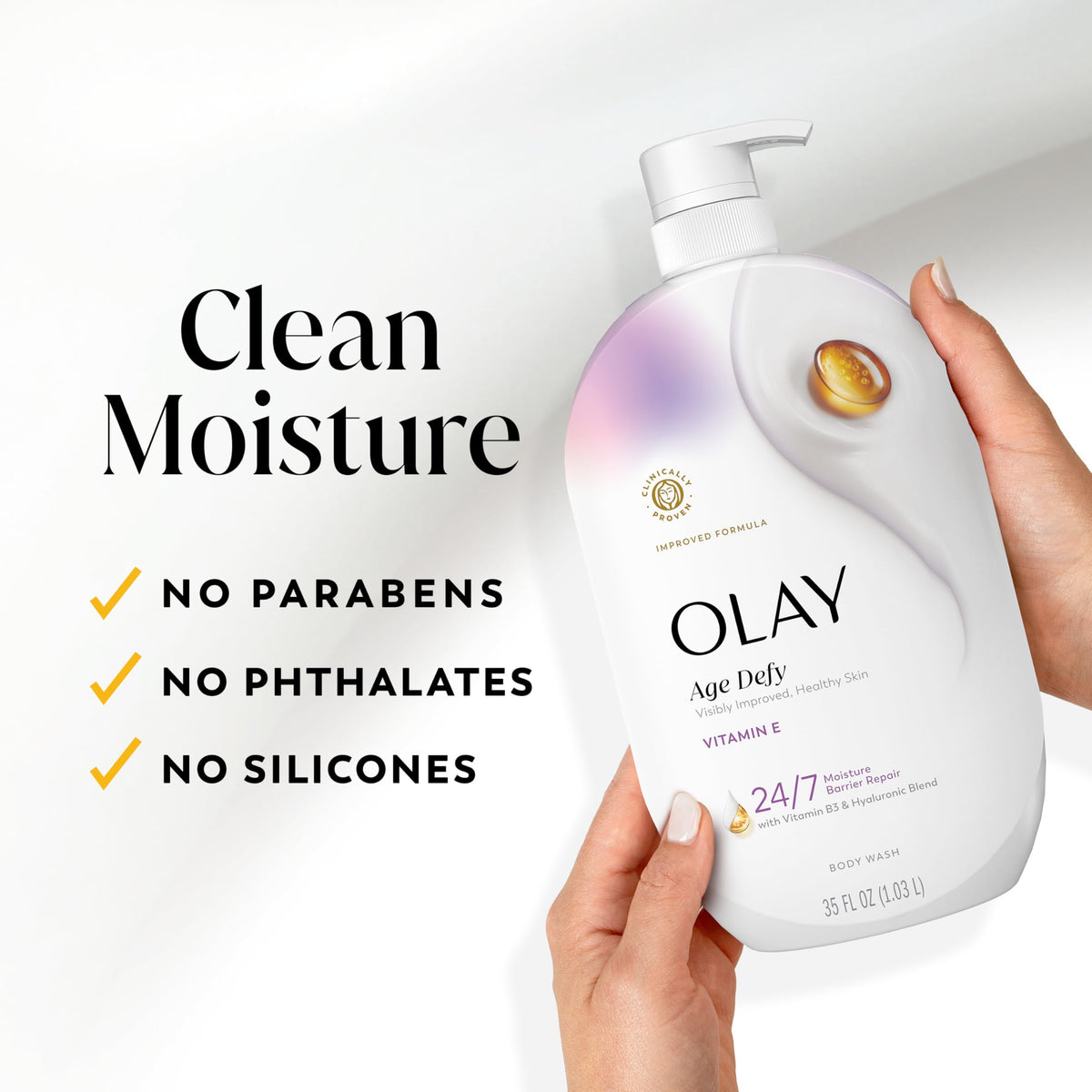 Olay Body Wash Age Defy 35 fl oz on a bathroom shelf