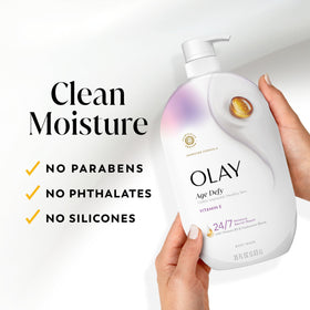 Olay Body Wash Age Defy 35 fl oz on a bathroom shelf