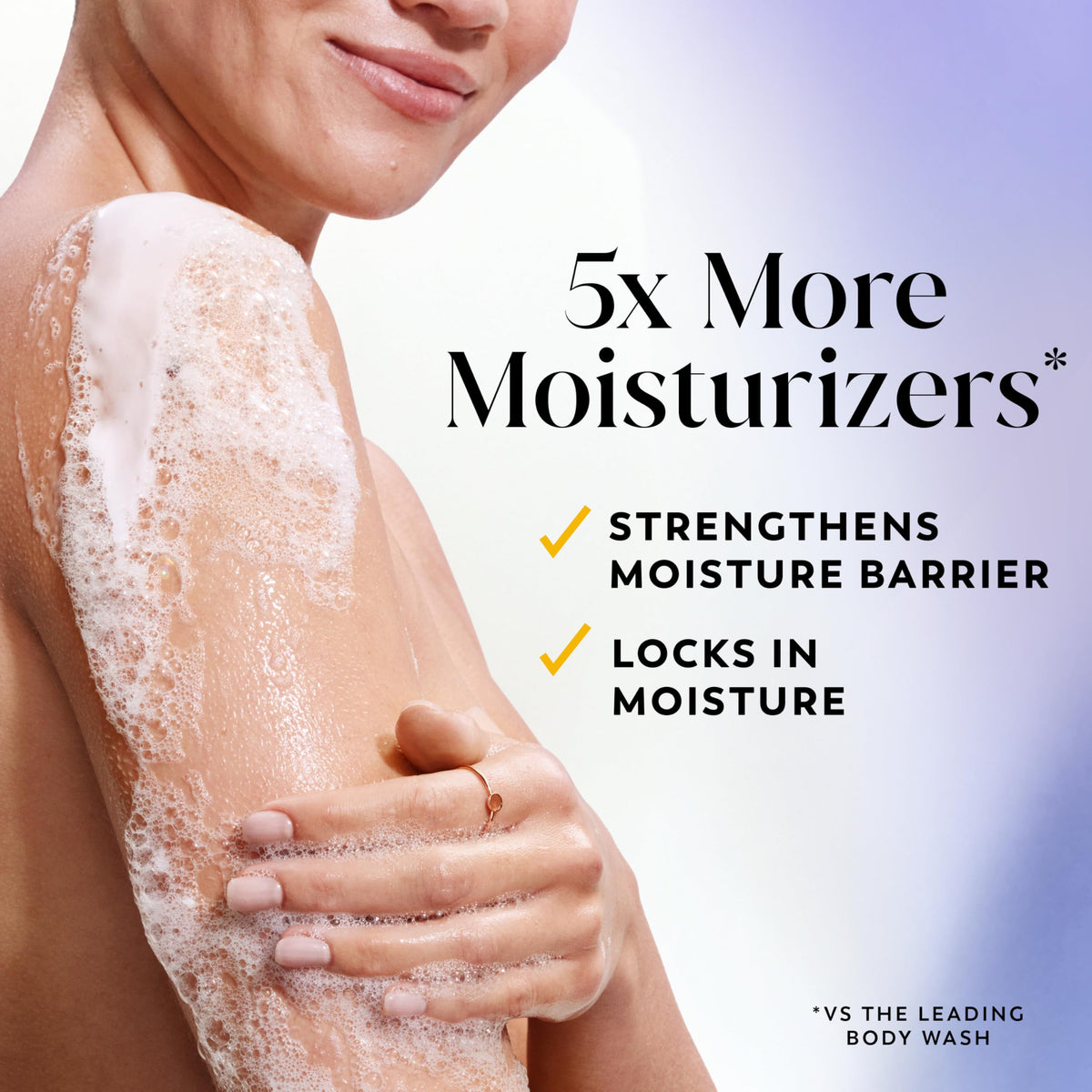 Olay body wash bottle back view showcasing ingredients