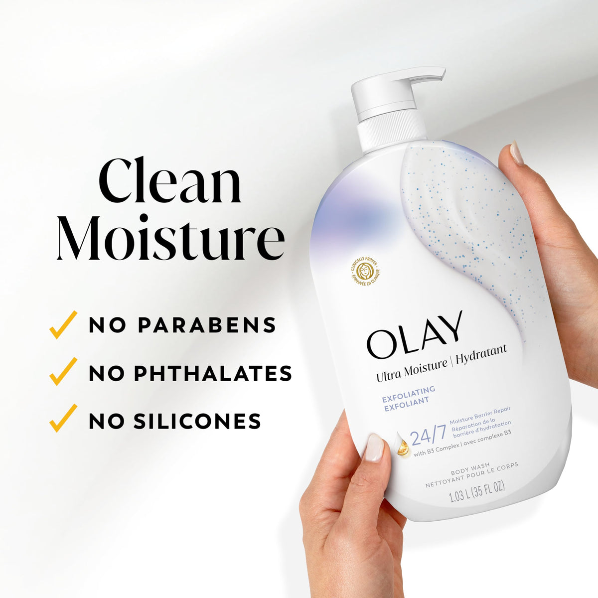 Olay body wash bottle side view with moisturizing benefits