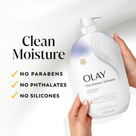Olay body wash bottle side view with moisturizing benefits