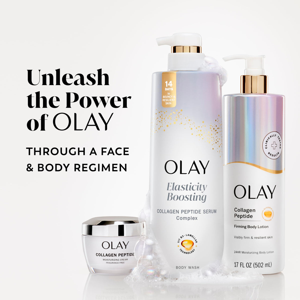 Olay Body Wash bottle with fresh flowers for presentation