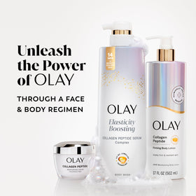 Olay Body Wash bottle with fresh flowers for presentation