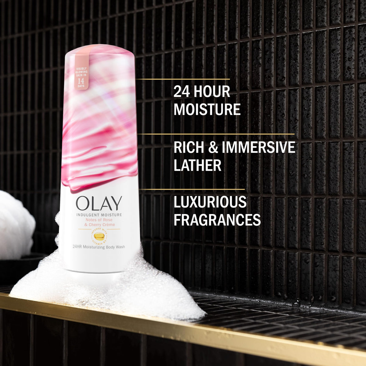 Olay Body Wash bottle with rose and cherry crème scent