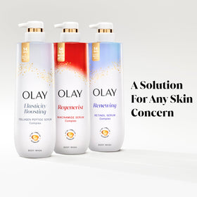 Olay Body Wash displayed with fresh flowers
