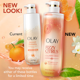 Olay Body Wash Fizzy Citrus on a bathroom shelf