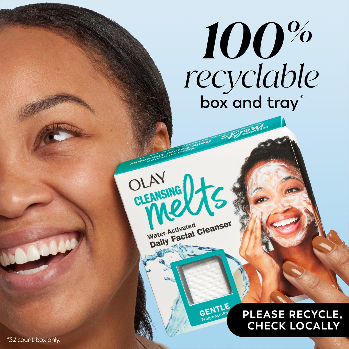 Olay Cleansing Melts Gentle face wash pads in bathroom setting