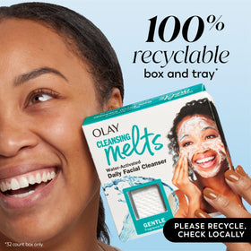 Olay Cleansing Melts Gentle face wash pads in bathroom setting