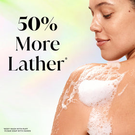 Olay Fresh Radiance Body Wash with a towel and fresh flowers