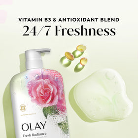 Olay Fresh Radiance Body Wash with lather on a shower sponge