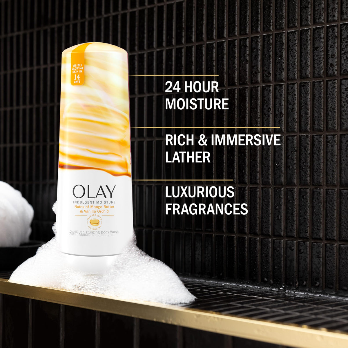 Olay Indulgent Moisture Body Wash back view with ingredients
