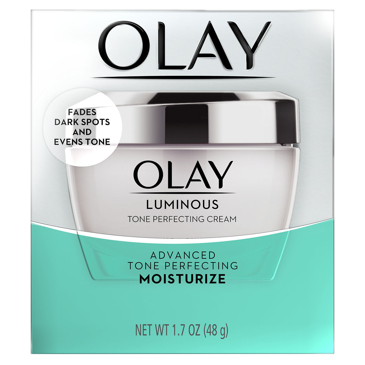 Olay Luminous Tone Perfecting Cream on a bathroom counter