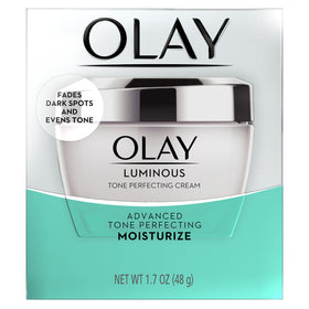 Olay Luminous Tone Perfecting Cream on a bathroom counter