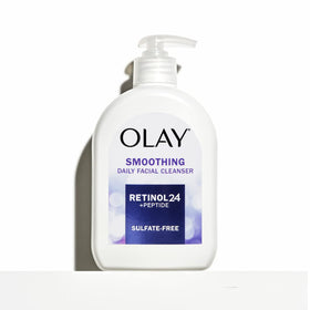 Olay Smoothing Daily Facial Cleanser with Retinol on bathroom sink
